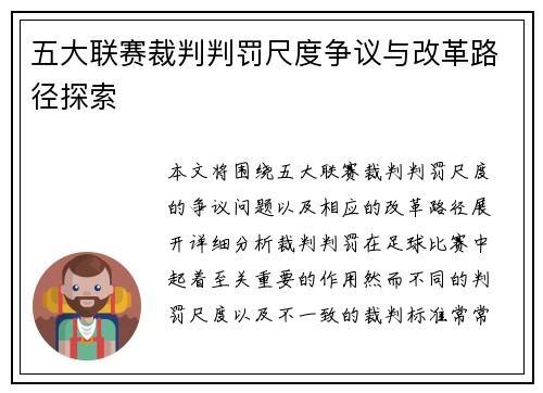 五大联赛裁判判罚尺度争议与改革路径探索