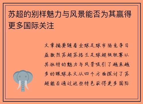 苏超的别样魅力与风景能否为其赢得更多国际关注