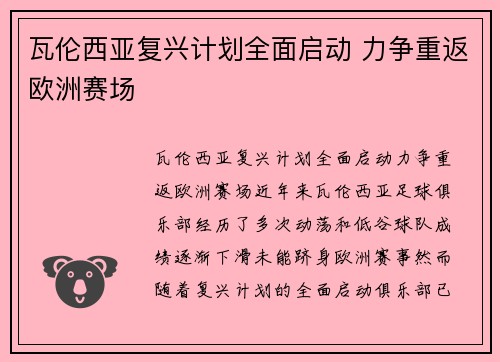 瓦伦西亚复兴计划全面启动 力争重返欧洲赛场